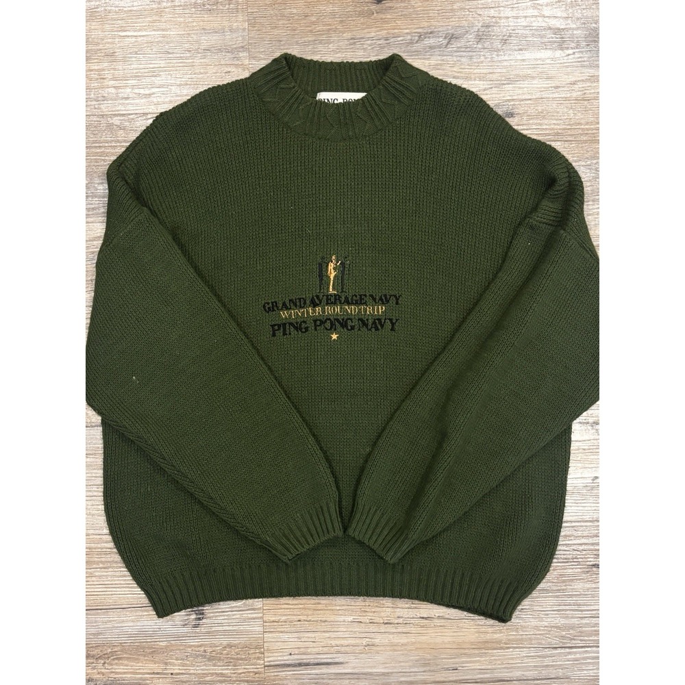Ping Pong Italy Oversized Large Green Knit Sweater Embroidered Wool Blend
